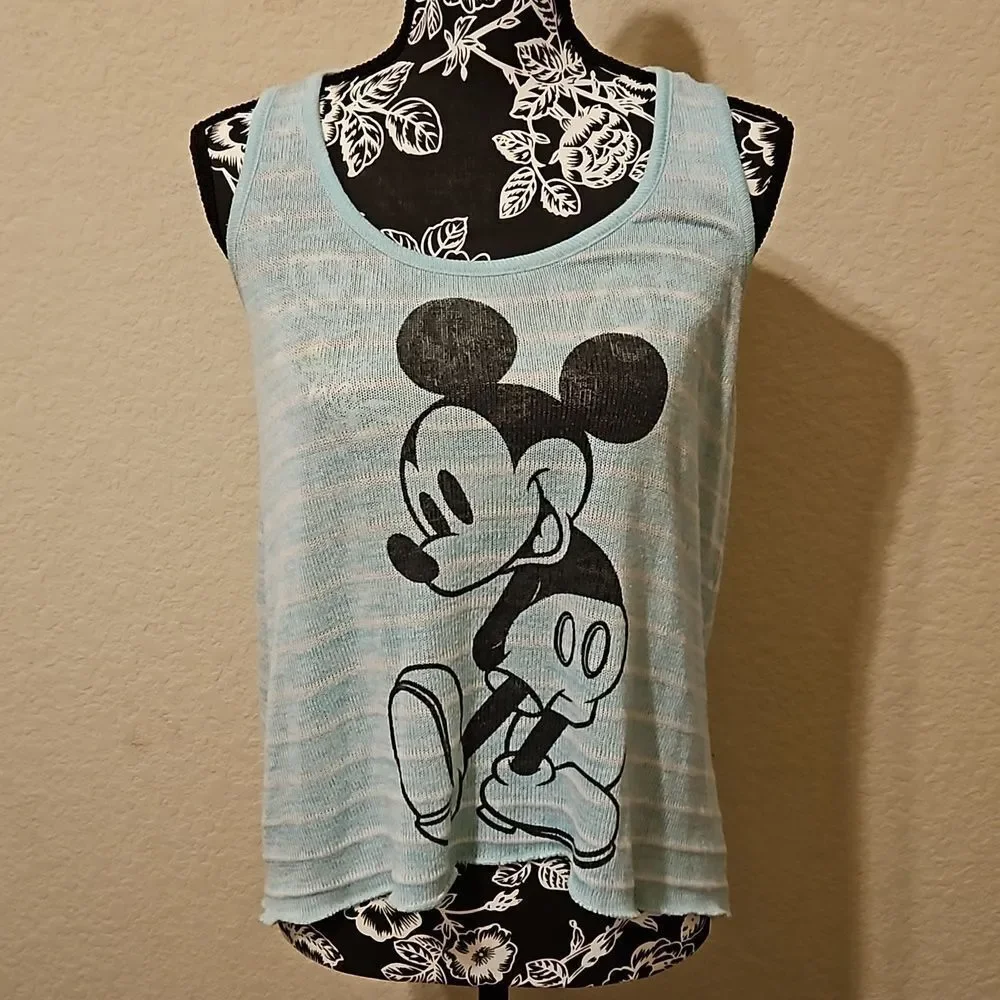 Disney 🦊 Mickey Mouse mint green & white striped tank top size M EUC